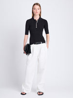 Front full length image of model wearing Amber Pant In Solid Cotton Crinkle in OFF WHITE
