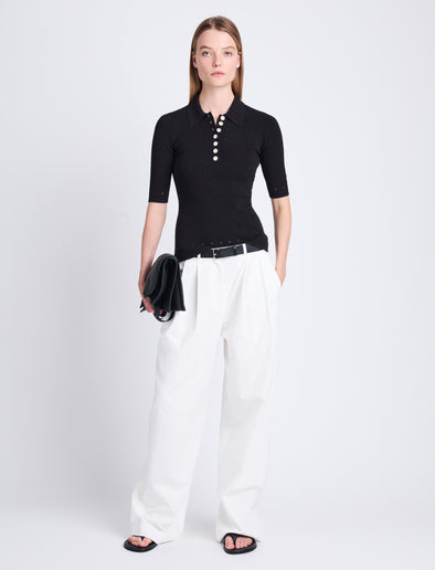 Front full length image of model wearing Amber Pant In Solid Cotton Crinkle in OFF WHITE