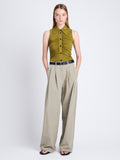 Front full length image of model wearing Amber Pant In Solid Cotton Crinkle in BAYLEAF