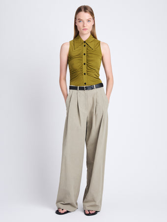 Front full length image of model wearing Amber Pant In Solid Cotton Crinkle in BAYLEAF