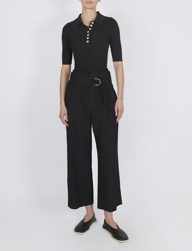 Front image of model wearing Brooke Pant in Drapey Suiting in black