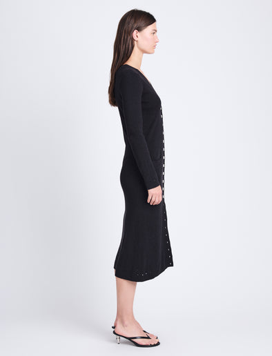 Side full length image of model wearing Cameron Dress In Boucle Viscose in BLACK
