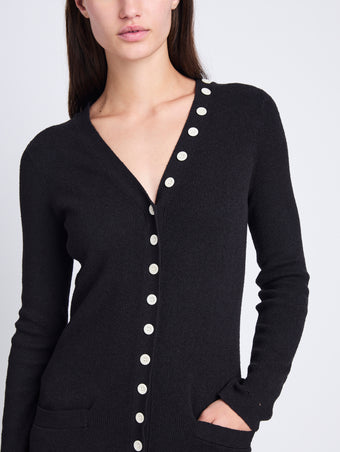 Detail image of model wearing Cameron Dress In Boucle Viscose in BLACK