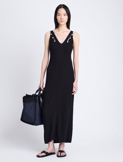 Front full length image of model wearing Hayden Dress In Midweight Button Details Knits in BLACK