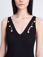 Detail image of model wearing Hayden Dress In Midweight Button Details Knits in BLACK