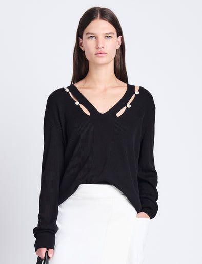 Front cropped image of model wearing Elsie Top In Midweight Button Details Knits in BLACK