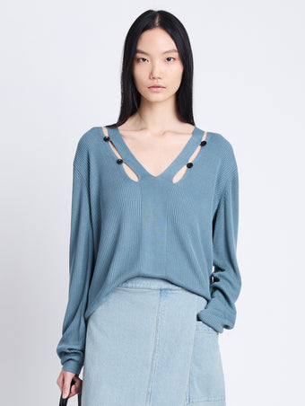 Front cropped image of model wearing Elsie Top In Midweight Button Details Knits in JUNIPER