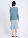 Back full length image of model wearing Elsie Top In Midweight Button Details Knits in JUNIPER