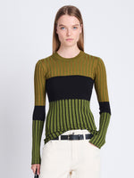 Front cropped image of model wearing Peyton Shirt In Layering Ribs in OLIVE MULTI