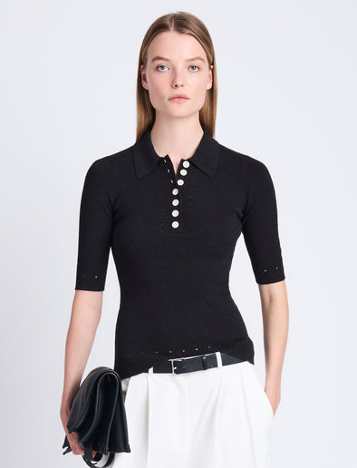 Front cropped image of model wearing Spencer Blouse In Boucle Viscose in BLACK