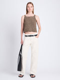 Front full length image of model wearing Drew Top In Chunky Marl in CAMEL/BLACK