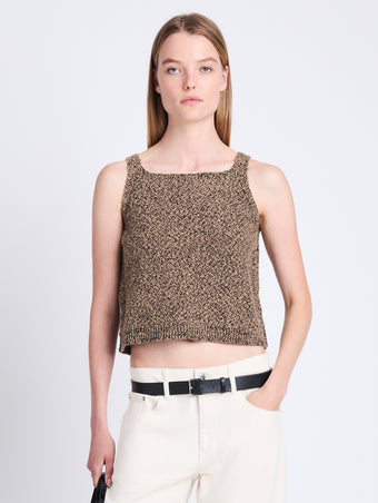 Front cropped image of model wearing Drew Top In Chunky Marl in CAMEL/BLACK