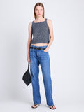 Front full length image of model wearing Drew Top In Chunky Marl in DARK BLUE/ OFF WHITE