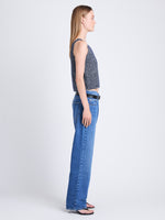 Side full length image of model wearing Drew Top In Chunky Marl in DARK BLUE/ OFF WHITE