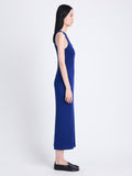 Side full length image of model wearing Reese Dress In Plaited Rib Knits in SAPPHIRE/BLACK