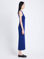Side full length image of model wearing Reese Dress In Plaited Rib Knits in SAPPHIRE/BLACK