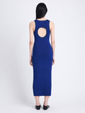 Back full length image of model wearing Reese Dress In Plaited Rib Knits in SAPPHIRE/BLACK