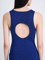 Detail image of model wearing Reese Dress In Plaited Rib Knits in SAPPHIRE/BLACK