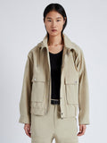 Cropped front image of model wearing Windsor Jacket in Rumpled Cotton in khaki