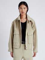 Cropped front image of model wearing Windsor Jacket in Rumpled Cotton in khaki