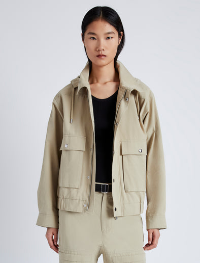 Cropped front image of model wearing Windsor Jacket in Rumpled Cotton in khaki