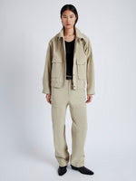 Front image of model wearing Windsor Jacket in Rumpled Cotton in khaki