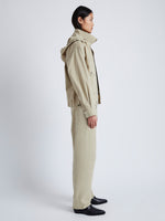 Side image of model wearing Windsor Jacket in Rumpled Cotton in khaki