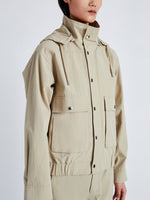 Detail image of model wearing Windsor Jacket in Rumpled Cotton in khaki