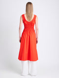 Back image of model wearing Penny Dress in Poplin in POPPY