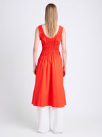 Back image of model wearing Penny Dress in Poplin in POPPY