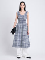 Front full length image of model wearing Penny Dress in Grid Poplin in NAVY/OFF WHITE