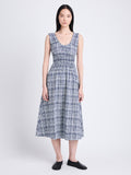Front full length image of model wearing Penny Dress in Grid Poplin in NAVY/OFF WHITE