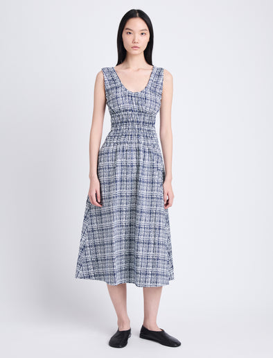 Front full length image of model wearing Penny Dress in Grid Poplin in NAVY/OFF WHITE