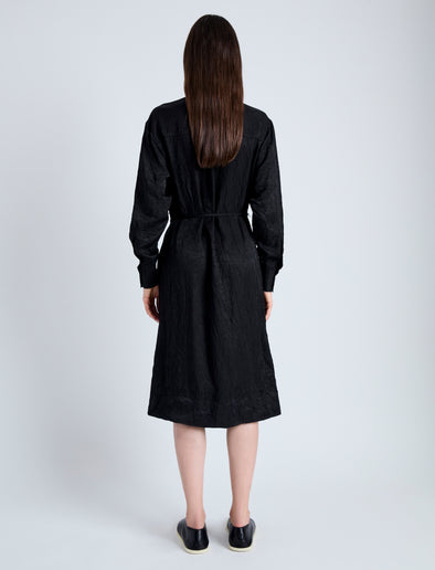 Back full length image of model wearing Nelson Dress in Crinkled Flou in BLACK