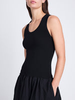 Detail image of model wearing Malia Dress in Peached Poplin in BLACK