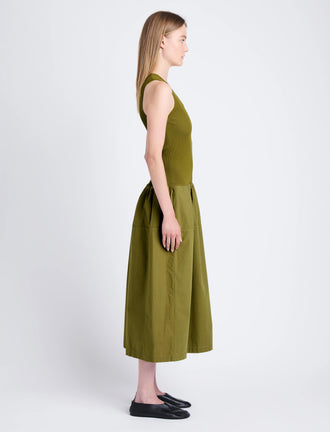 Side full length image of model wearing Malia Dress in Peached Poplin in OLIVE