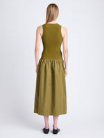 Back full length image of model wearing Malia Dress in Peached Poplin in OLIVE