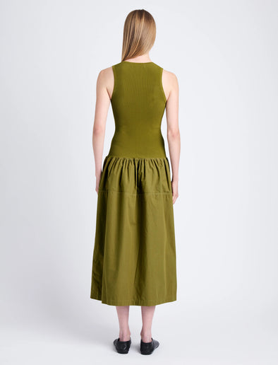 Back full length image of model wearing Malia Dress in Peached Poplin in OLIVE