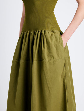 Detail image of model wearing Malia Dress in Peached Poplin in OLIVE