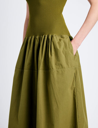 Detail image of model wearing Malia Dress in Peached Poplin in OLIVE