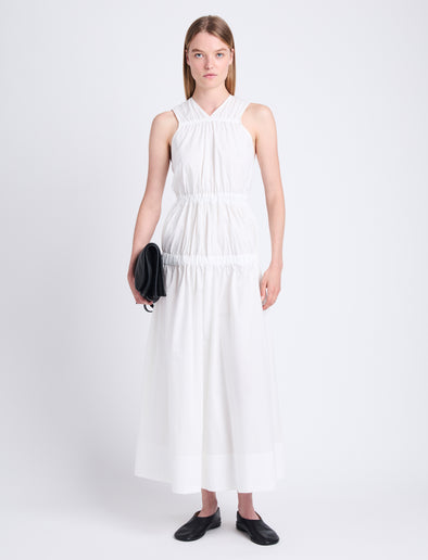 Front full length image of model wearing Libby Dress In Poplin in OFF WHITE