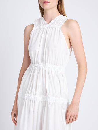 Detail image of model wearing Libby Dress In Poplin in OFF WHITE