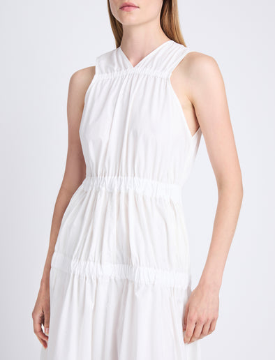 Detail image of model wearing Libby Dress In Poplin in OFF WHITE