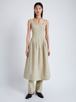 Front image of model wearing Allen Dress in Rumpled Cotton in KHAKI
