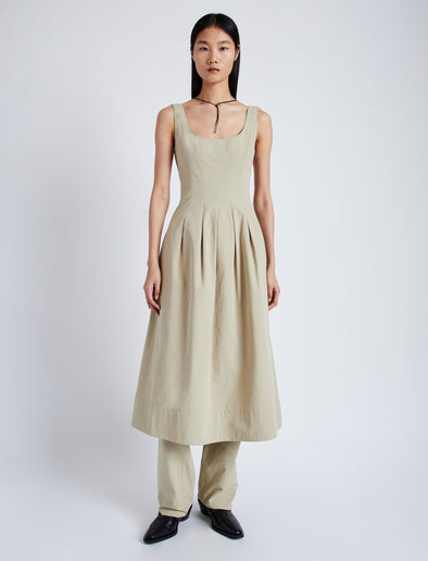 Front image of model wearing Allen Dress in Rumpled Cotton in KHAKI