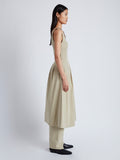 Side image of model wearing Allen Dress in Rumpled Cotton in KHAKI