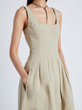 Detail image of model wearing Allen Dress in Rumpled Cotton in KHAKI