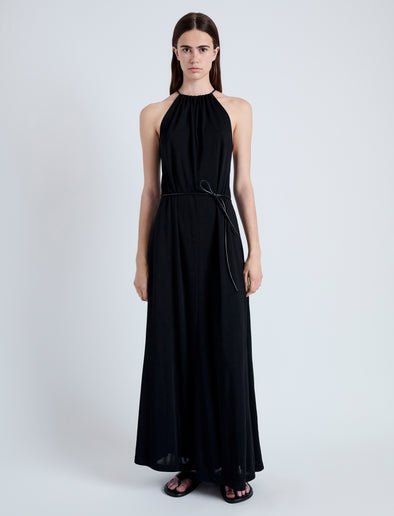 Front full length image of model wearing Lenny Dress in Matte Jersey in BLACK