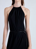 Detail image of model wearing Lenny Dress in Matte Jersey in BLACK