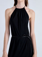Detail image of model wearing Lenny Dress in Matte Jersey in BLACK